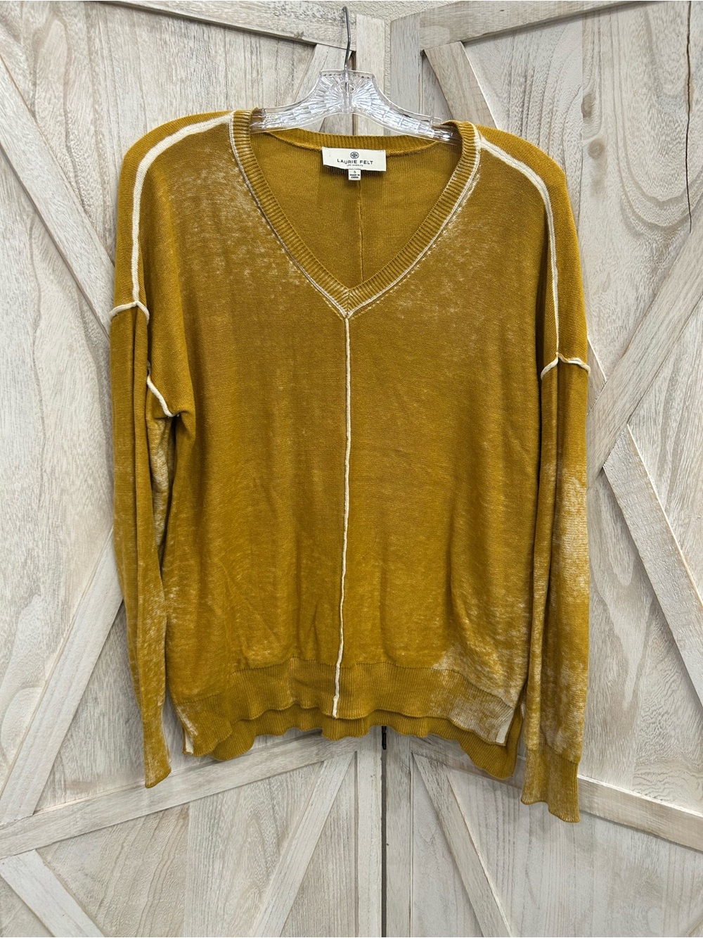 Laurie Felt Mustard V-Neck Sweater with Cream Stitching